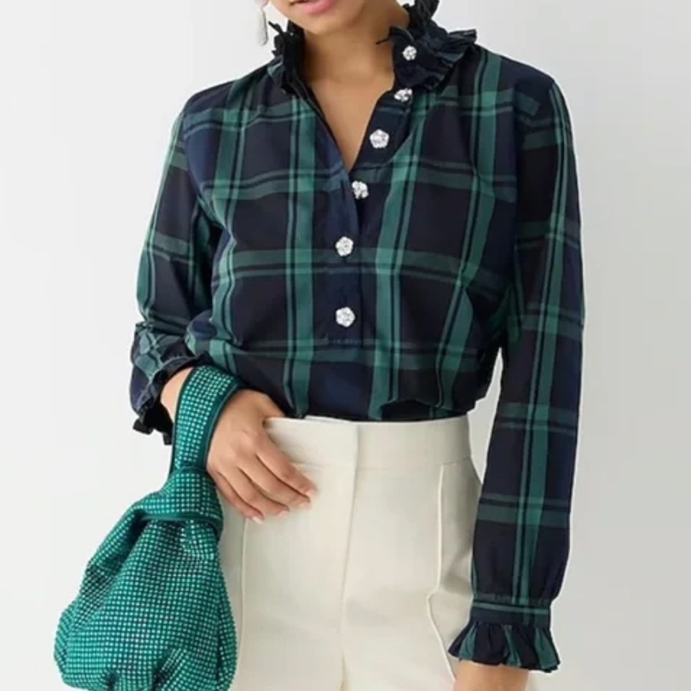J. Crew Classic Ruffleneck Popover Shirt Blouse Tartan Plaid Jewel Buttons 8 NWT